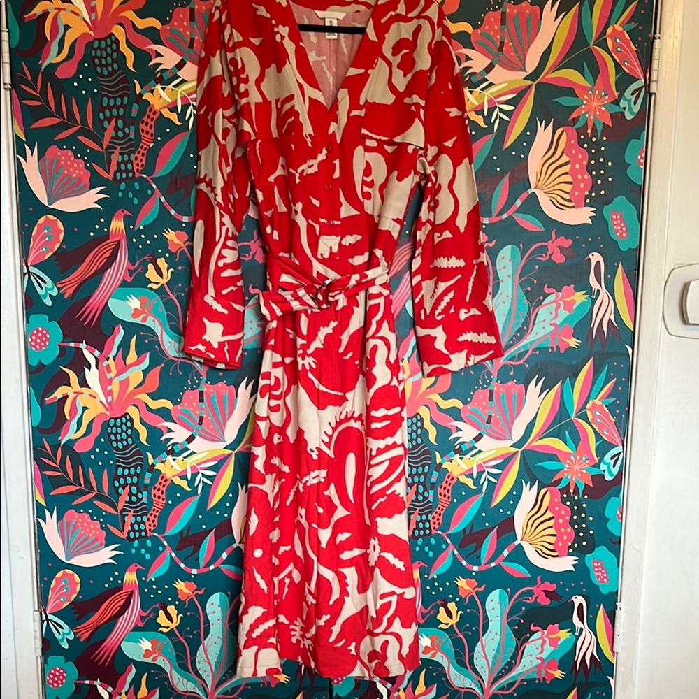 H&M Red and Cream Bell Sleeve V-Neck Sundress